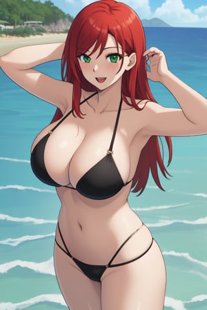 best quality, extremely detailed, masterpiece, female, adult, sexy_pose, cleavage, milf, long_hair, red_hair, green_eyes, in the sea, happy, butt, thong, black bikini, Miyako Saitou