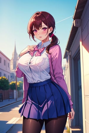 best quality, extremely detailed, masterpiece, females, big boobs, sexy pose, teenagers, school_girl, school_uniform, school, blue skirt,  pantyhose, pink suit, brown hair, pink eyes, pony_tail