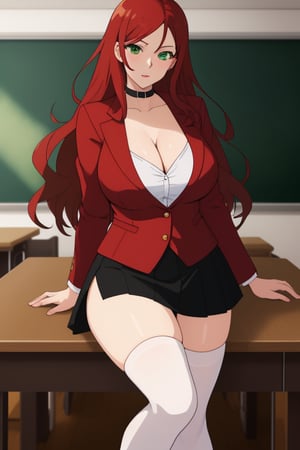 best quality, extremely detailed, masterpiece, female, adult, cleavage, milf, teacher, long_hair, red_hair, wavy_hair, green_eyes, red_suit, white undershirt, black_skirt, black_stockings, Miyako Saitou