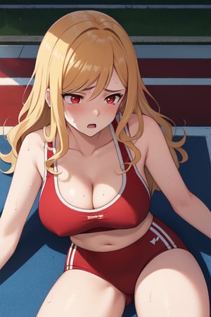 best quality, extremely detailed, masterpiece, females, medium boobs, cleavage, teen, teenagers, blonde, long_hair, curly_hair, gyaru, red eyes, school sport yard, track field, buruma, red buruma, red sportbra, sportbra, sweating, lying, butt, exhausted, tired