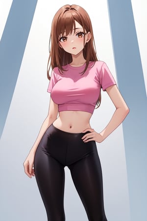 best quality, extremely detailed, masterpiece, 1_girl, underage, 16 years old, young, medium boobs, brown_hair, long_hair, longhair, straight_hair, brown_eyes, teen, teenage, slim_wast, thighs, leggings, pink top, crop top, character, white_background, innocent, standing, eye-level, cute, adorable