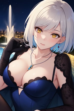 best quality, extremely detailed, masterpiece, females, medium boobs, cleavage, adult, high_heels, evening dress, blue evening dress, elegant, stockings, black stockings, white hair, short_hair, yellow eyes, necklace, fountain, night, colorful lights, closeup, close_up, close-up, face