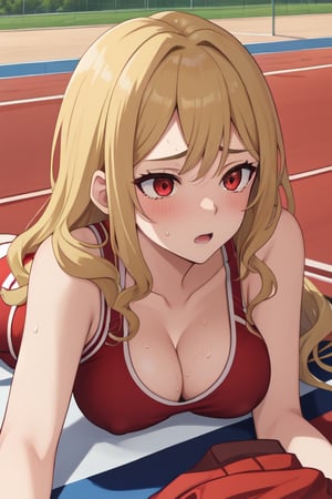 best quality, extremely detailed, masterpiece, females, medium boobs, cleavage, teen, teenagers, blonde, long_hair, curly_hair, gyaru, red eyes, school sport yard, track field, buruma, red buruma, red sportbra, sportbra, sweating, lying, lying_down, face down