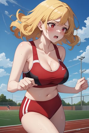 best quality, extremely detailed, masterpiece, females, medium boobs, cleavage, teen, teenagers, blonde, long_hair, curly_hair, gyaru, red eyes, school sport yard, track field, buruma, red buruma, red sportbra, sportbra, run, running ,competition, sweating, viewed_from_side