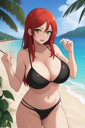 best quality, extremely detailed, masterpiece, female, adult, sexy_pose, cleavage, milf, long_hair, red_hair, green_eyes, beach, striptease, half_naked, black bikini, Miyako Saitou