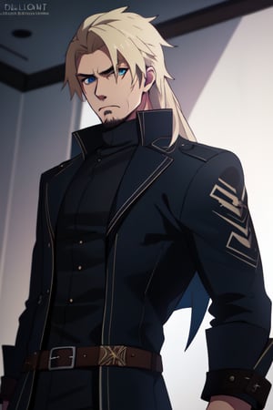 best quality, extremely detailed, masterpiece, man, male, adult, manly, manful, antagonist, villain, long_hair, blonde, blue eyes, scruff, black coat, leather coat, evil, sigma, deliquent