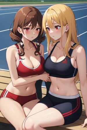 best quality, extremely detailed, masterpiece, females, medium boobs, cleavage, teen, teenagers, blonde, long_hair, curly_hair, gyaru, red eyes, school sport yard, track field, buruma, red buruma, red sportbra, sportbra, tired, resting on a bench, towel around the neck, sweating