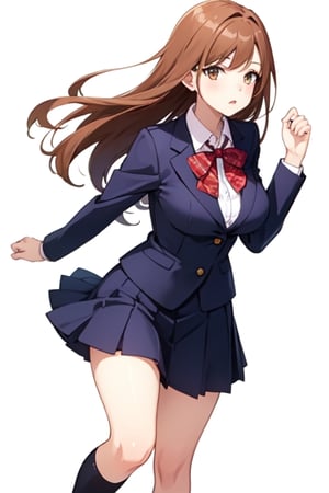 best quality, extremely detailed, masterpiece, 1_girl, underage, 16 years old, young, medium boobs, brown_hair, long_hair, longhair, straight_hair, brown_eyes, teen, teenage, school_girl, school_uniform, knee_socks, no suit, white shirt, white_background, innocent, standing, eye-level, cute, adorable