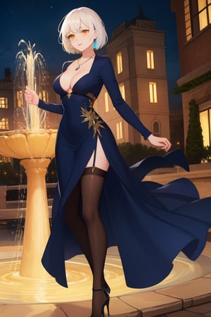 best quality, extremely detailed, masterpiece, females, medium boobs, cleavage, adult, high_heels, evening dress, blue evening dress, elegant, stockings, black stockings, white hair, short_hair, yellow eyes, necklace, fountain, night, colorful lights, face