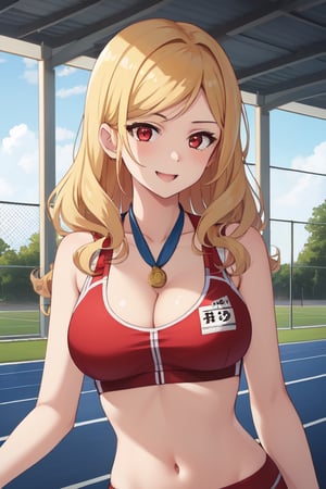 best quality, extremely detailed, masterpiece, females, medium boobs, cleavage, teen, teenagers, blonde, long_hair, curly_hair, gyaru, red eyes, school sport yard, track field, buruma, red buruma, red sportbra, sportbra, golden medal, medal, golden cup, cup, happy