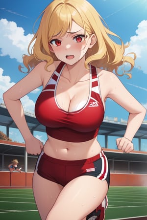 best quality, extremely detailed, masterpiece, females, medium boobs, cleavage, teen, teenagers, blonde, long_hair, curly_hair, gyaru, red eyes, school sport yard, track field, buruma, red buruma, red sportbra, sportbra, run, running, comptetition, race, sweating