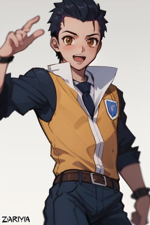 best quality, extremely detailed, masterpiece, boy, clumsy pose, teenager, blue suit, yellow undershirt, school, school uniform, black hair, spiky hairstyle, zarya, orange eyes, cheerful