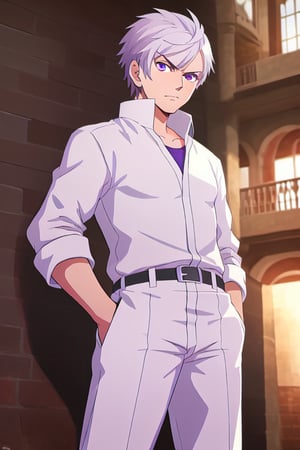 best quality, extremely detailed, masterpiece, manly, manful, cool pose, adult, worn clothes, white clothes, silver hair, short_hair, splitted hair, purple eyes, protagonist (caligula), serious
