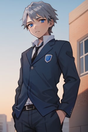 best quality, extremely detailed, masterpiece, 1_boy, teenager, blue suit, school, school uniform, black tie, black trousers, silver hair, short_hair, blue eyes