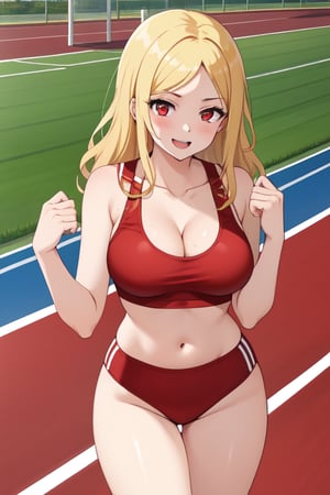 best quality, extremely detailed, masterpiece, females, medium boobs, cleavage, teen, teenagers, blonde, long_hair, curly_hair, gyaru, red eyes, school sport yard, track field, buruma, red buruma, red sportbra, sportbra, podium, winner, gold_medal, medal, happy