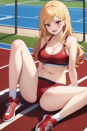 best quality, extremely detailed, masterpiece, females, medium boobs, cleavage, teen, teenagers, blonde, long_hair, curly_hair, gyaru, red eyes, cheerful, bitch, school sport yard, track field, buruma, red buruma, red sportbra, sportbra, sittin