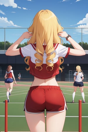 best quality, extremely detailed, masterpiece, females, medium boobs, teen, teenagers, blonde, long_hair, curly_hair, gyaru, red eyes, cheerful, bitch, school sport yard, track field, shorts, red shorts, white top, viewed_from_behind