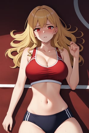 best quality, extremely detailed, masterpiece, females, medium boobs, cleavage, teen, teenagers, blonde, long_hair, curly_hair, gyaru, red eyes, school sport yard, track field, buruma, red buruma, red sportbra, sportbra, sweating, lying on the back, exhausted, tired