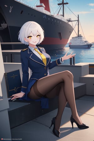 best quality, extremely detailed, masterpiece, females, medium boobs, elegant pose, adult, high_heels, blue skirt, light blue suit, ship crew uniform, closed button, pantyhose, white hair, short_hair, yellow eyes, smiling, sexy custom, book, yellow tie