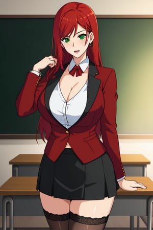 best quality, extremely detailed, masterpiece, female, adult, cleavage, milf, teacher, long_hair, red_hair, green_eyes, red_suit, white undershirt, black_skirt, mini_skirt, stockings, lace stockings, Miyako Saitou