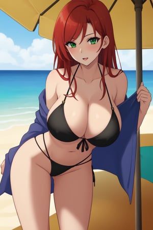 best quality, extremely detailed, masterpiece, female, adult, sexy_pose, cleavage, milf, long_hair, red_hair, green_eyes, beach, pulling string of bikini, black bikini, Miyako Saitou