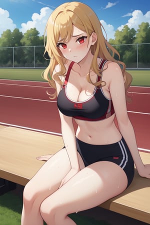 best quality, extremely detailed, masterpiece, females, medium boobs, cleavage, teen, teenagers, blonde, long_hair, curly_hair, gyaru, red eyes, school sport yard, track field, buruma, red buruma, red sportbra, sportbra, tired, resting on a bench, towel, sweating