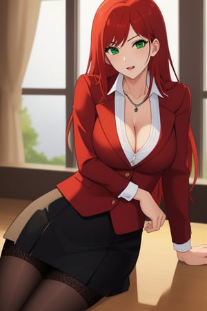 best quality, extremely detailed, masterpiece, female, adult, sexy_pose, cleavage, milf, long_hair, red_hair, green_eyes, red suit, white undershirt, black_skirt, black_stockings, lace, Miyako Saitou