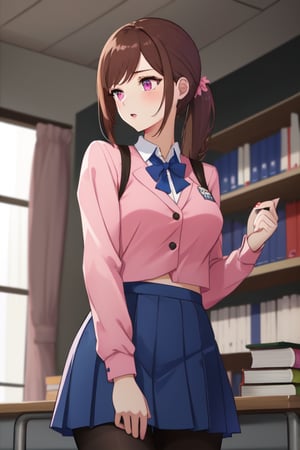 best quality, extremely detailed, masterpiece, female, medium_breasts, teenagers, school_girl, school_uniform, school, library, studying, blue skirt, black_pantyhose, pink suit, open clothes, brown hair, pink eyes, pony_tail