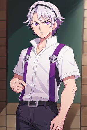 best quality, extremely detailed, masterpiece, manly, manful, cool pose, adult, worn clothes, white clothes, silver hair, short_hair, splitted hair, purple eyes, protagonist (caligula), serious, saint