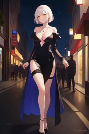 best quality, extremely detailed, masterpiece, females, medium boobs, cleavage, adult, high_heels, evening dress, blue evening dress, elegant, stockings, black stockings, white hair, short_hair, yellow eyes, necklace, night, street, lovehotel in the background