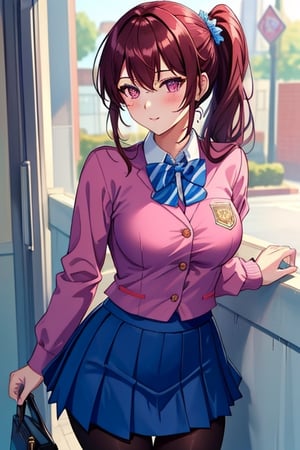 best quality, extremely detailed, masterpiece, females, medium boobs, sexy pose, teenagers, school_girl, school_uniform, school, blue skirt,  pantyhose, pink suit, brown hair, pink eyes, pony_tail, closed button