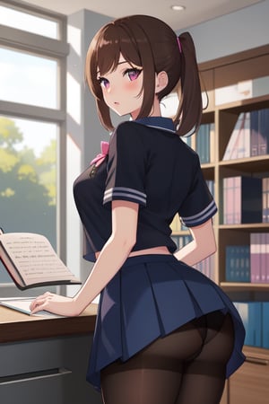 best quality, extremely detailed, masterpiece, female, medium_breasts, teenagers, school_girl, school_uniform, school, library, studying, butt, blue skirt, black_pantyhose, white shirt, short_sleeves, brown hair, pink eyes, pony_tail