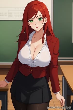 best quality, extremely detailed, masterpiece, female, adult, cleavage, milf, teacher, long_hair, red_hair, green_eyes, red_suit, white undershirt, black_skirt, black_stockings, Miyako Saitou