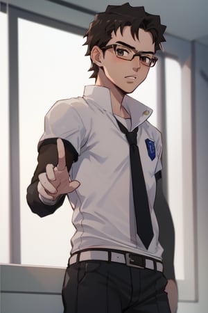 best quality, extremely detailed, masterpiece, man, manly, manful, adult, 19_years_old, white T-shirt, black tie, school uniform, black hair, short-hair,  buzz cut, brown eyes, glasses, high_tech, jojo_pose