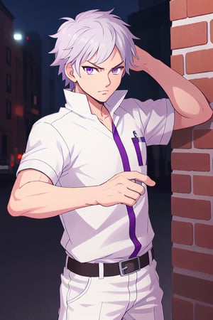 best quality, extremely detailed, masterpiece, manly, manful, cool pose, adult, worn clothes, white clothes, silver hair, short_hair, splitted hair, purple eyes, protagonist (caligula), serious, saint