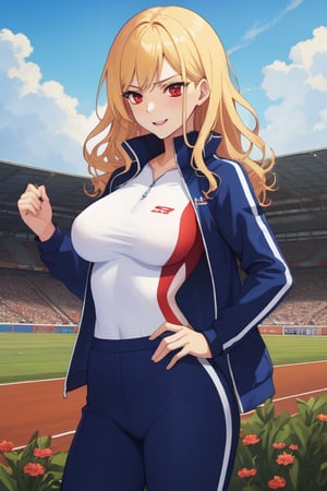 best quality, extremely detailed, masterpiece, females, medium boobs, teenagers, blonde, long_hair, curly_hair, gyaru, red eyes, cheerful, bitch, school, field, track, track_suit, closed suit