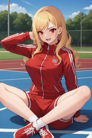 best quality, extremely detailed, masterpiece, females, medium boobs, teen, teenagers, blonde, long_hair, curly_hair, gyaru, red eyes, cheerful, bitch, school sport yard, red track suit, track_suit, open track suit, shorts, red shorts, sitting, yoga pose