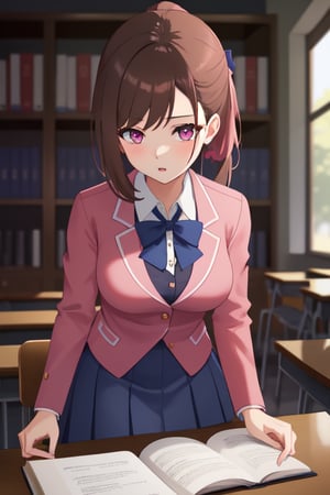 best quality, extremely detailed, masterpiece, female, medium_breasts, teenagers, school_girl, school_uniform, school, library, studying, blue skirt, black_pantyhose, pink suit, open clothes, brown hair, pink eyes, pony_tail