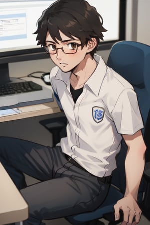 best quality, extremely detailed, masterpiece, manly, adult, white T-shirt, black tie, school, school uniform, black hair, short-hair, messy hairstyle, brown eyes, glasses, geek, computer
