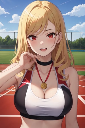 best quality, extremely detailed, masterpiece, females, medium boobs, cleavage, teen, teenagers, blonde, long_hair, curly_hair, gyaru, red eyes, school sport yard, track field, buruma, red buruma, red sportbra, sportbra, golden medal, medal, happy