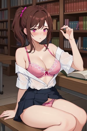 best quality, extremely detailed, masterpiece, female, cleavage, sexy_pose, medium_breasts, teenagers, school_girl, school, library, white shirt, short_sleeves, brown hair, pink eyes, pony_tail, blush, open shirt, open_clothes, magenta bra, magenta panties, off-shoulder, bare_shoulder, sitting