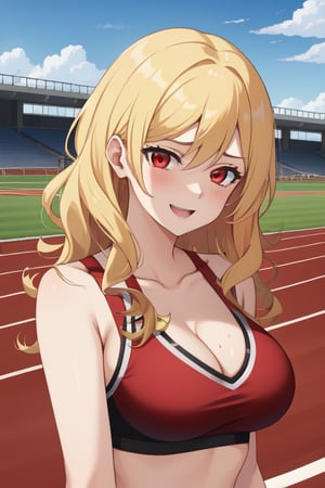 best quality, extremely detailed, masterpiece, females, medium boobs, cleavage, teen, teenagers, blonde, long_hair, curly_hair, gyaru, red eyes, school sport yard, track field, buruma, red buruma, red sportbra, sportbra, golden medal, medak, happy