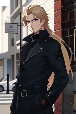 best quality, extremely detailed, masterpiece, man, male, adult, manly, manful, antagonist, villain, long_hair, blonde, blue eyes, scruff, gloves, black coat, leather coat, evil, sigma