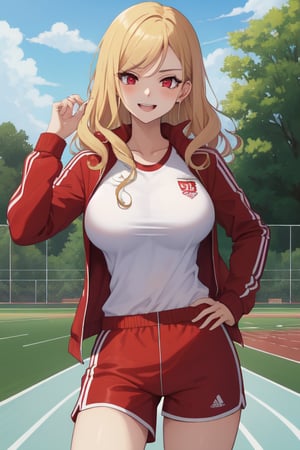 best quality, extremely detailed, masterpiece, females, medium boobs, teen, teenagers, blonde, long_hair, curly_hair, gyaru, red eyes, cheerful, bitch, school sport yard, red track suit, closed track suit, track_suit, shorts, red shorts