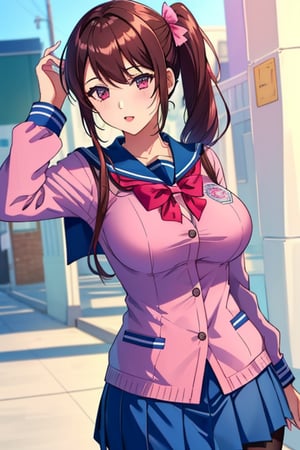 best quality, extremely detailed, masterpiece, females, big boobs, sexy pose, teenagers, school_girl, school_uniform, school, blue skirt,  pantyhose, pink suit, brown hair, pink eyes, pony_tail