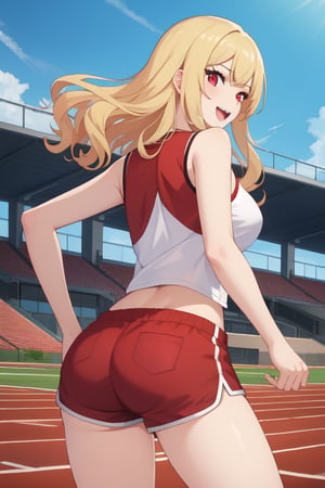 best quality, extremely detailed, masterpiece, females, medium boobs, teen, teenagers, blonde, long_hair, curly_hair, gyaru, red eyes, cheerful, bitch, school sport yard, track field, shorts, red shorts, white top, viewed_from_behind