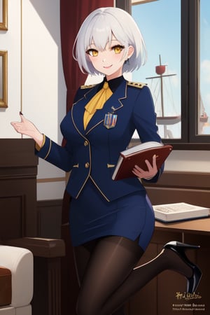 best quality, extremely detailed, masterpiece, females, medium boobs, elegant pose, adult, high_heels, blue skirt, velvet blue suit, ship crew uniform, closed button, pantyhose, white hair, short_hair, yellow eyes, smiling, sexy custom, book