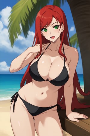 best quality, extremely detailed, masterpiece, female, adult, sexy_pose, cleavage, milf, long_hair, red_hair, green_eyes, beach, pulling string of bikini, black bikini, Miyako Saitou