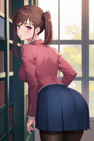 best quality, extremely detailed, masterpiece, female, medium_breasts, teenagers, school_girl, school_uniform, school, library, studying, viewed_from_behind, bend over, blue skirt, black_pantyhose, pink suit, brown hair, pink eyes, pony_tail