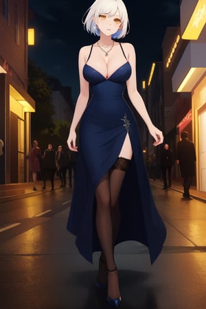 best quality, extremely detailed, masterpiece, females, medium boobs, cleavage, adult, high_heels, evening dress, blue evening dress, elegant, stockings, black stockings, white hair, short_hair, yellow eyes, necklace, walking, street, night, colorful lights